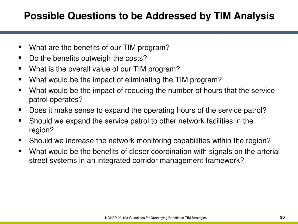 possible questions to be addressed by tim analysis