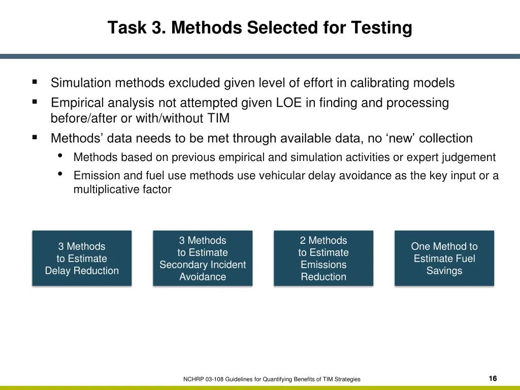 task 3 methods selected for testing