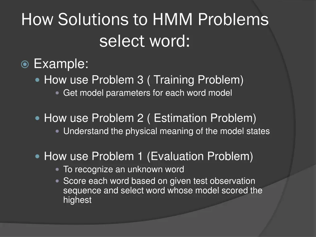 how solutions to hmm problems select word example