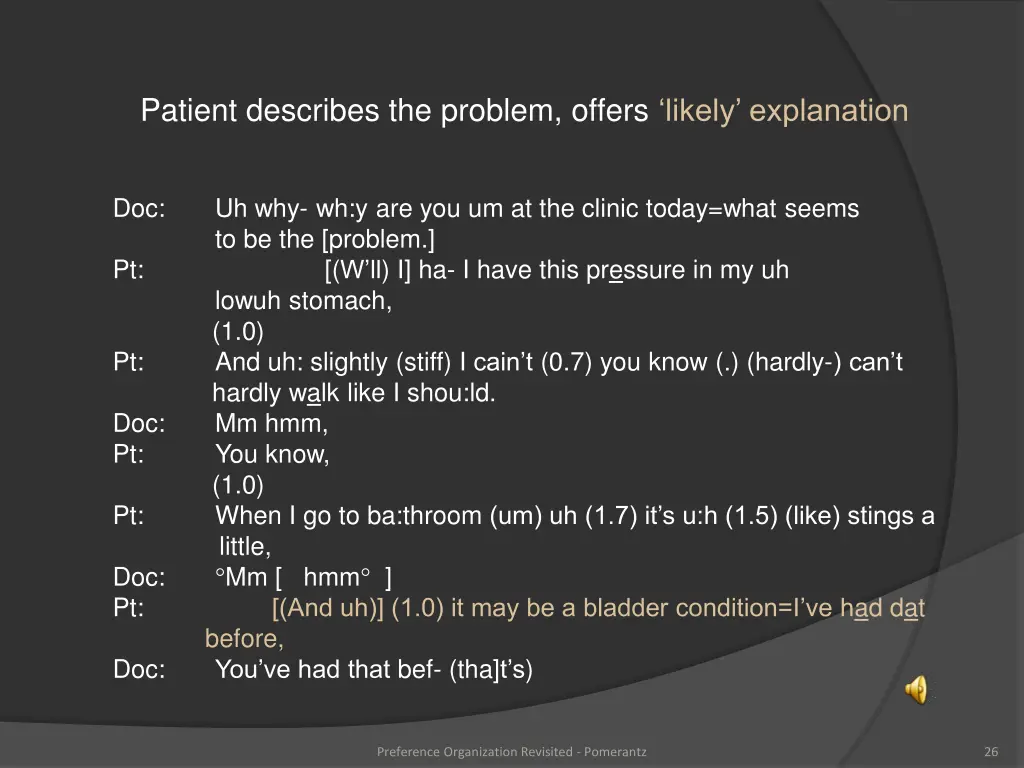 patient describes the problem offers likely