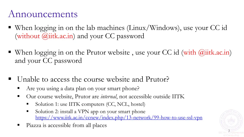 announcements when logging in on the lab machines