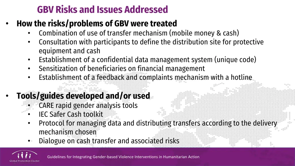 gbv risks and issues addressed how the risks