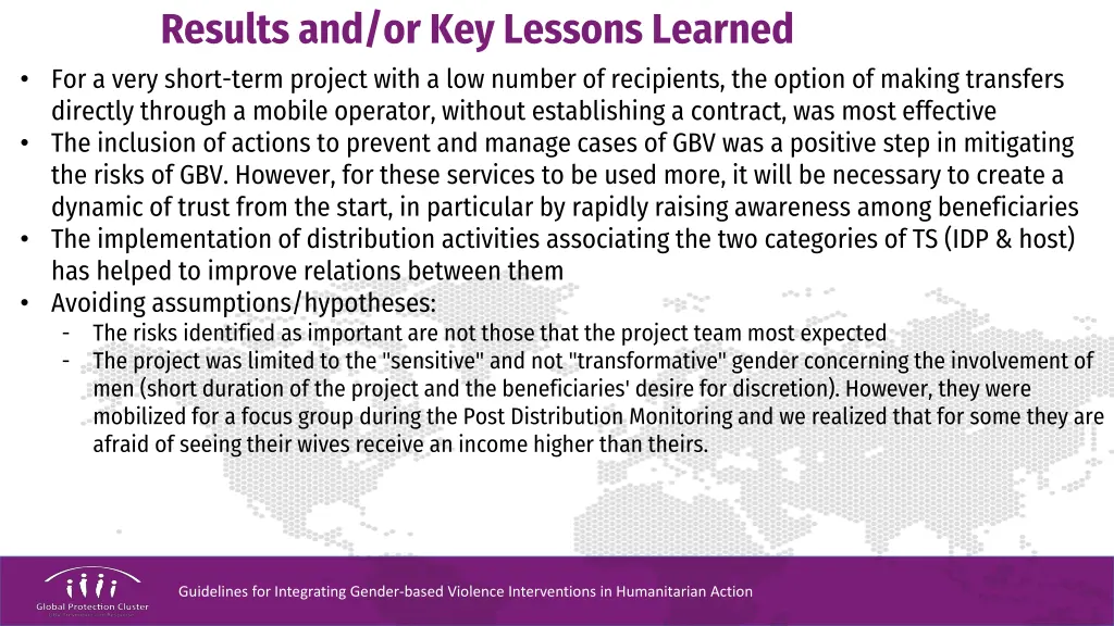 results and or key lessons learned for a very