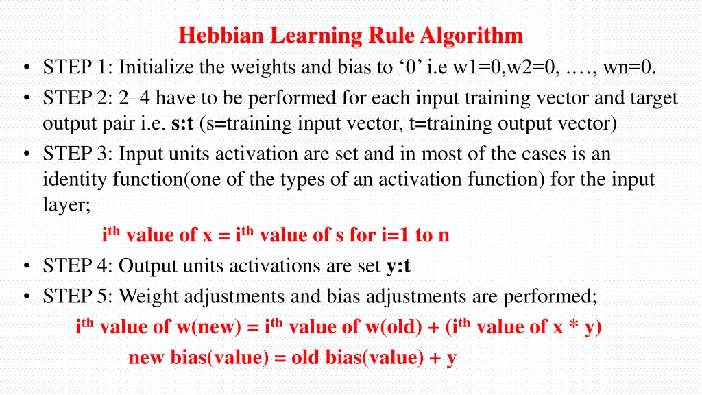 hebbian learning rule algorithm step 1 initialize