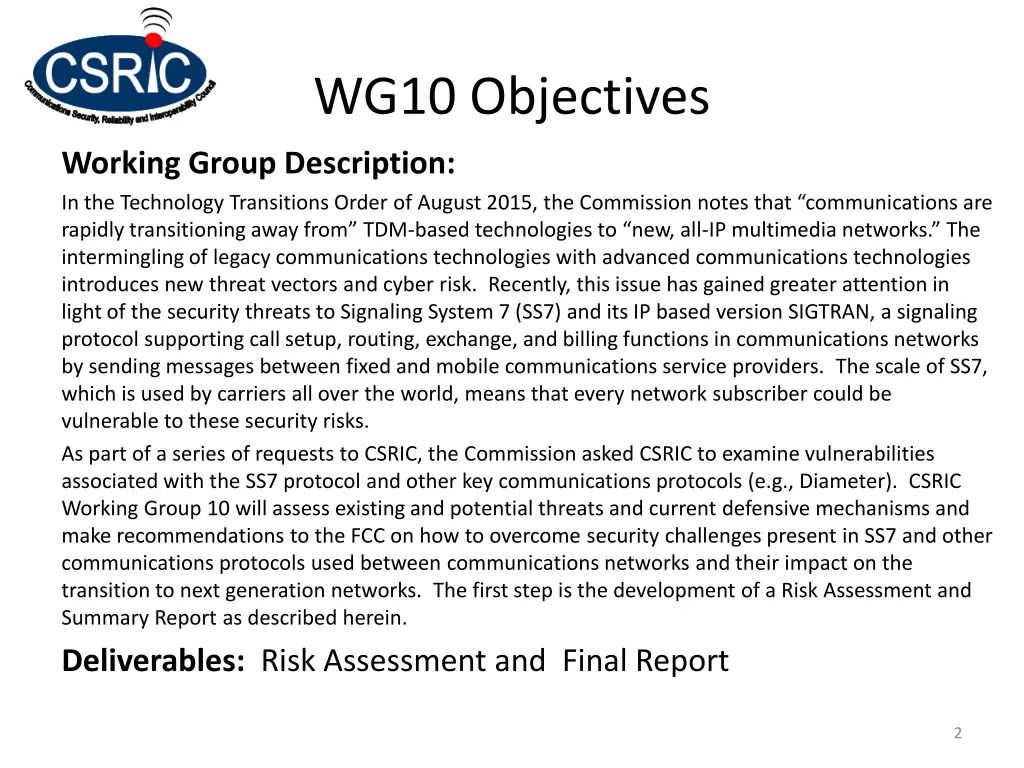 wg10 objectives