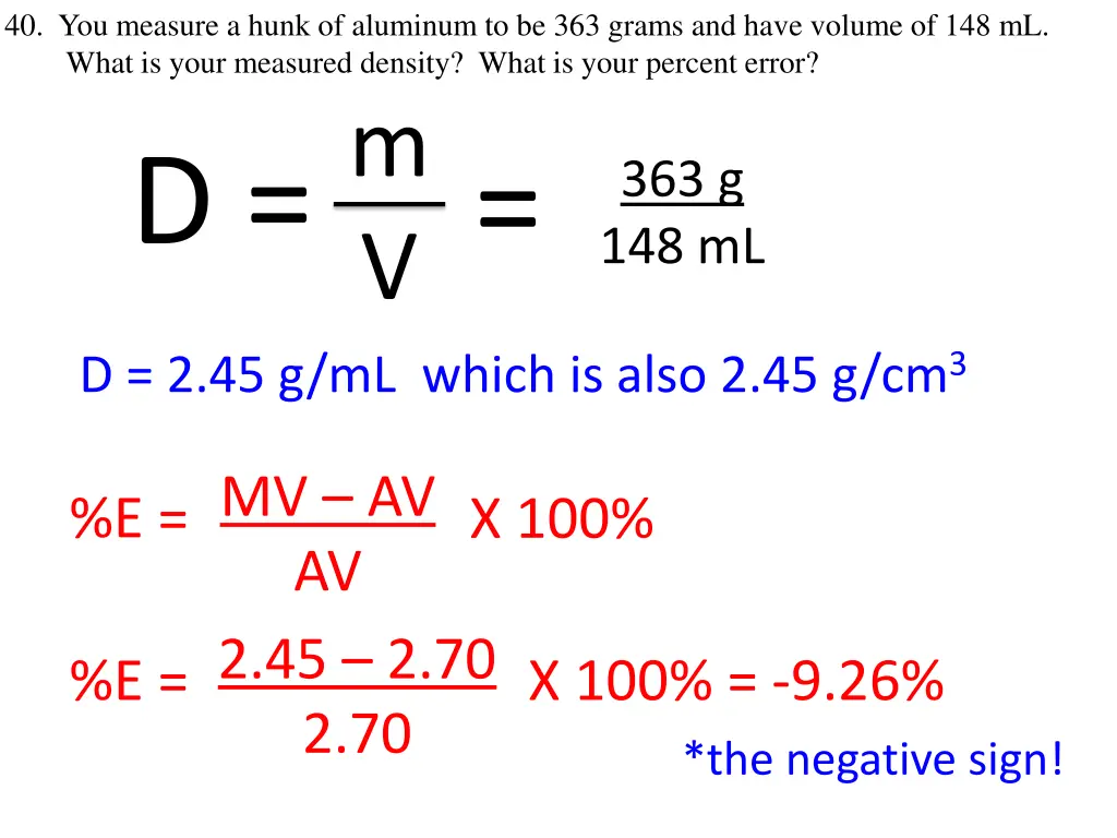 40 you measure a hunk of aluminum to be 363 grams 1