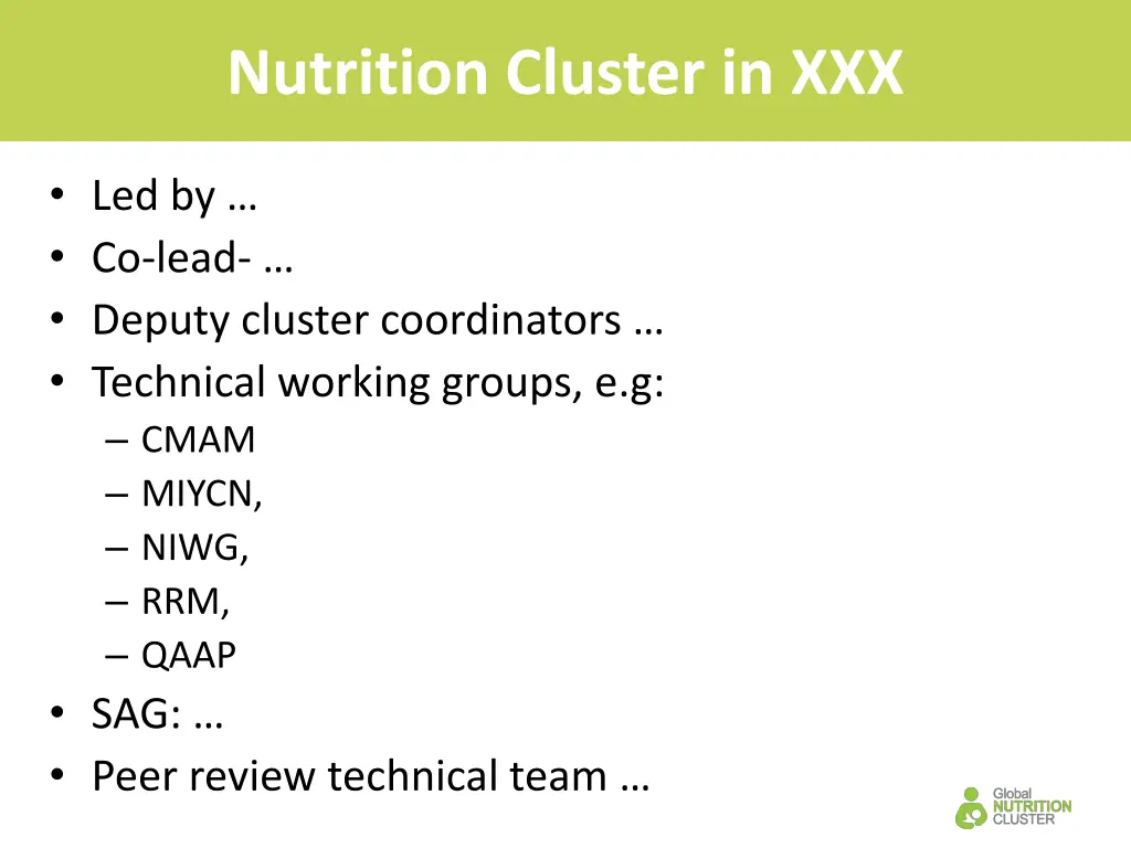 nutrition cluster in xxx