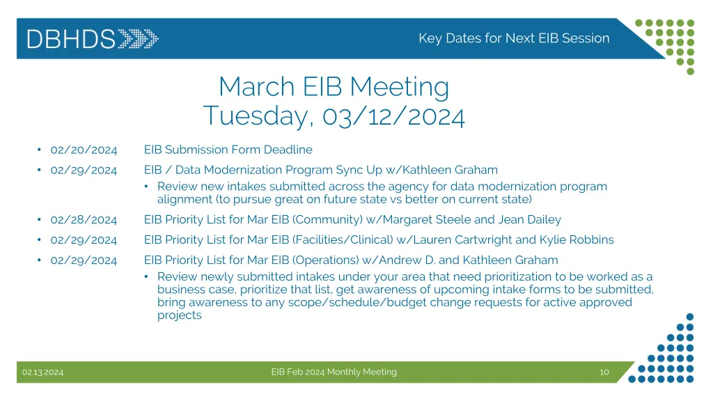 key dates for next eib session