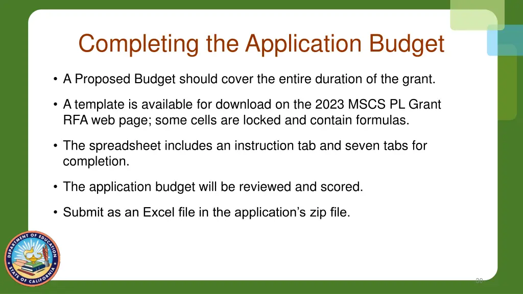 completing the application budget