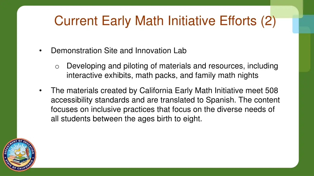 current early math initiative efforts 2