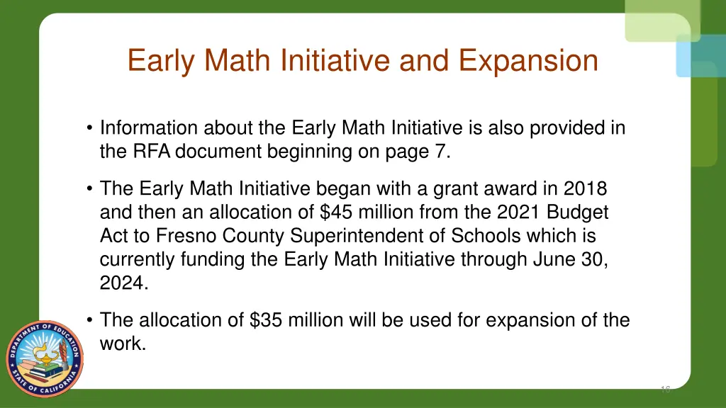 early math initiative and expansion