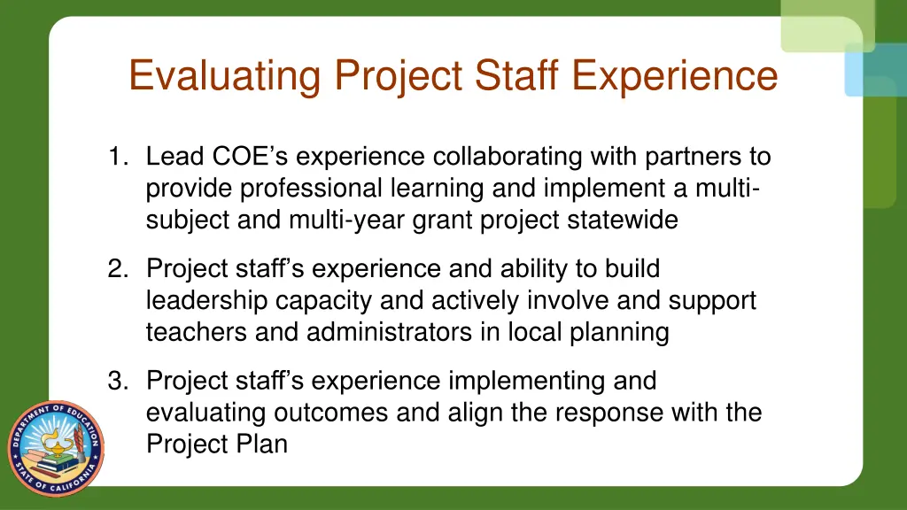 evaluating project staff experience