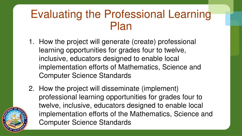 evaluating the professional learning plan
