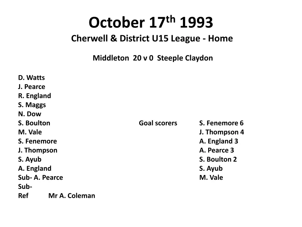 october 17 th 1993 cherwell district u15 league