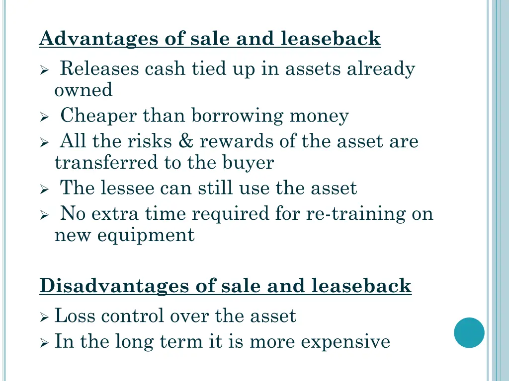 advantages of sale and leaseback releases cash