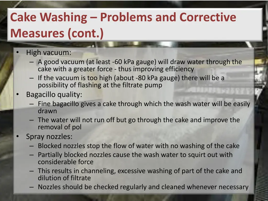 cake washing problems and corrective measures cont