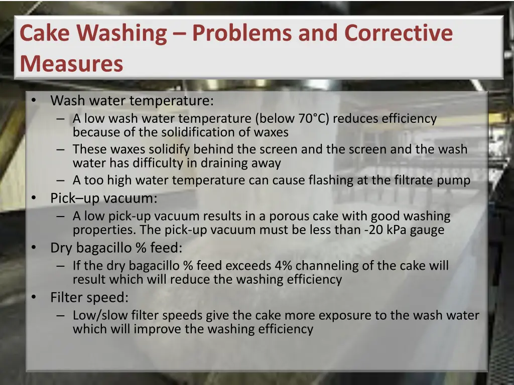 cake washing problems and corrective measures