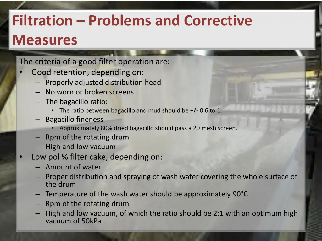 filtration problems and corrective measures