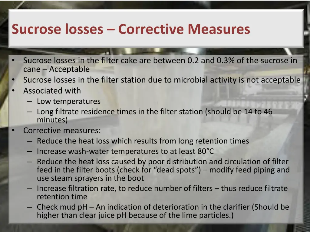 sucrose losses corrective measures