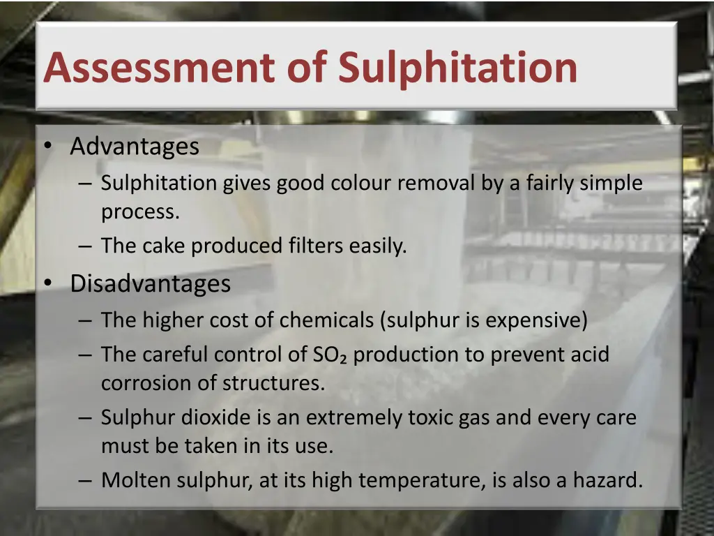 assessment of sulphitation
