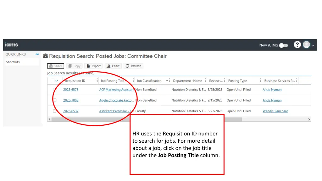 hr uses the requisition id number to search