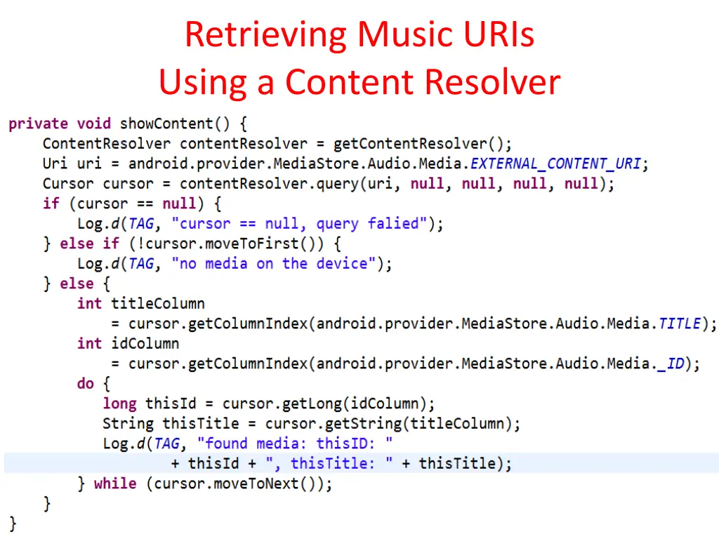 retrieving music uris using a content resolver