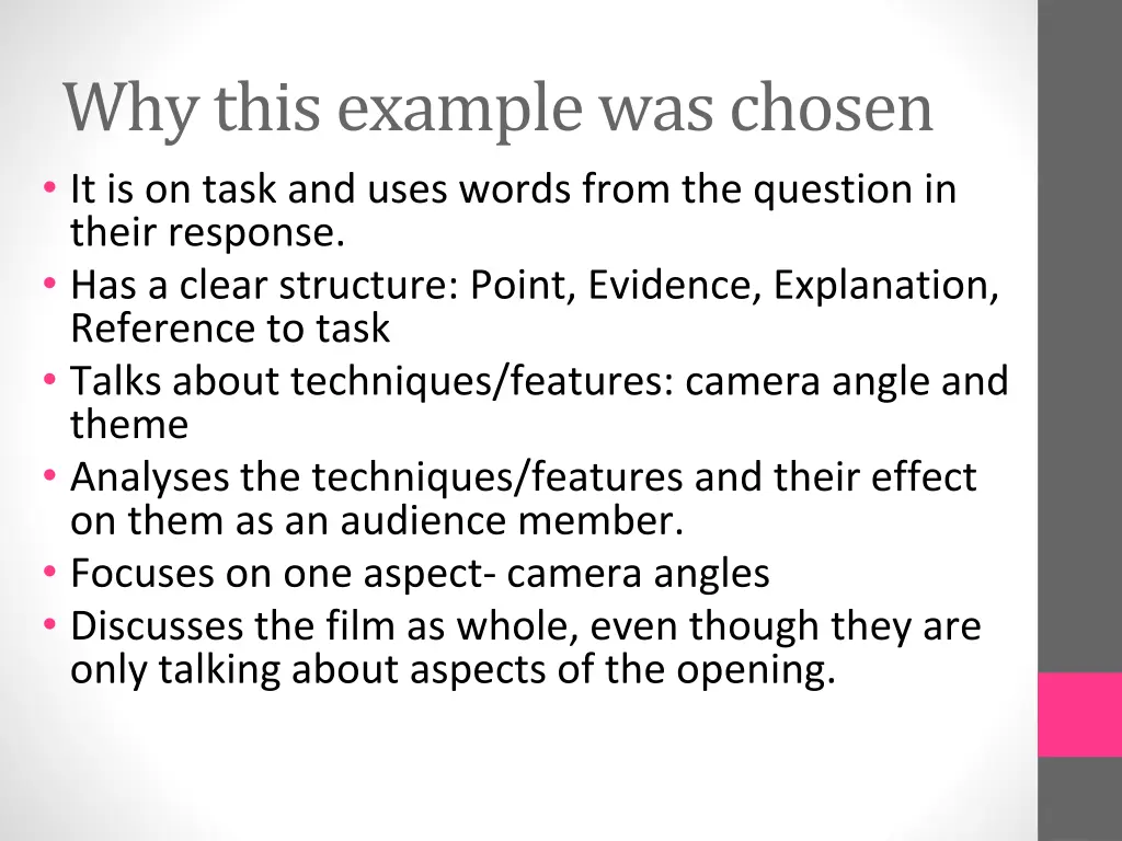 why this example was chosen it is on task