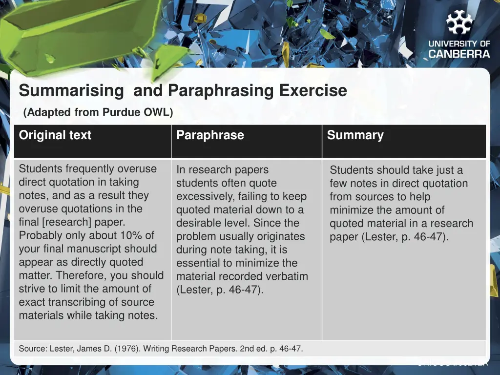 summarising and paraphrasing exercise adapted