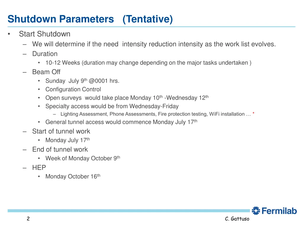 shutdown parameters tentative