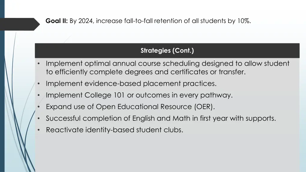 goal ii by 2024 increase fall to fall retention 1