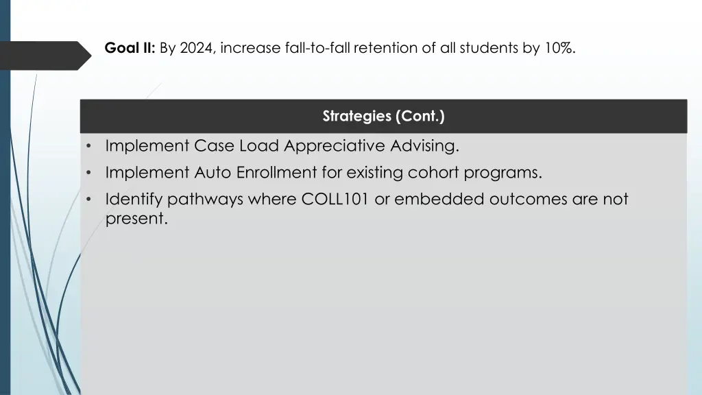 goal ii by 2024 increase fall to fall retention 2
