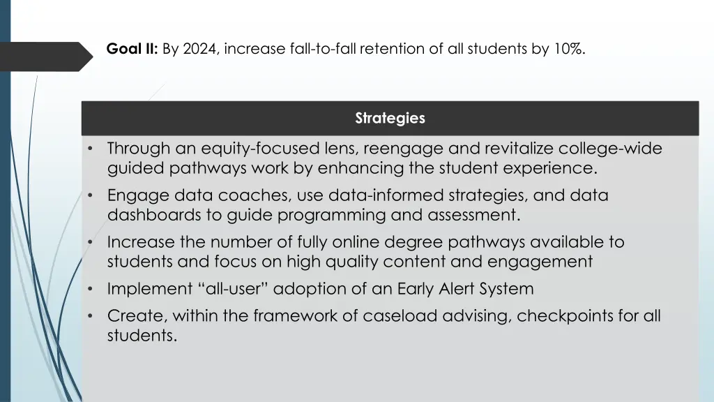 goal ii by 2024 increase fall to fall retention