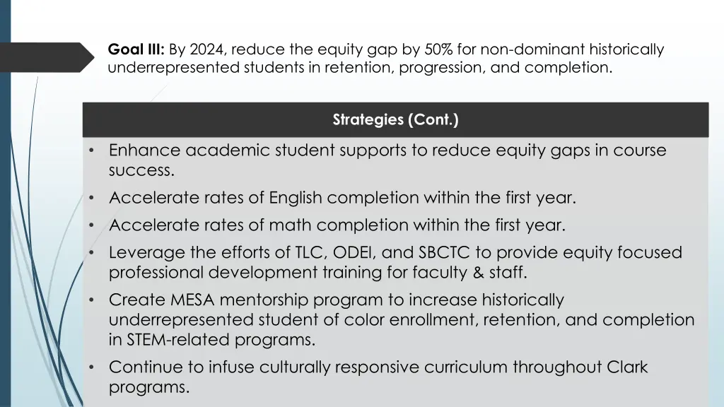 goal iii by 2024 reduce the equity 1