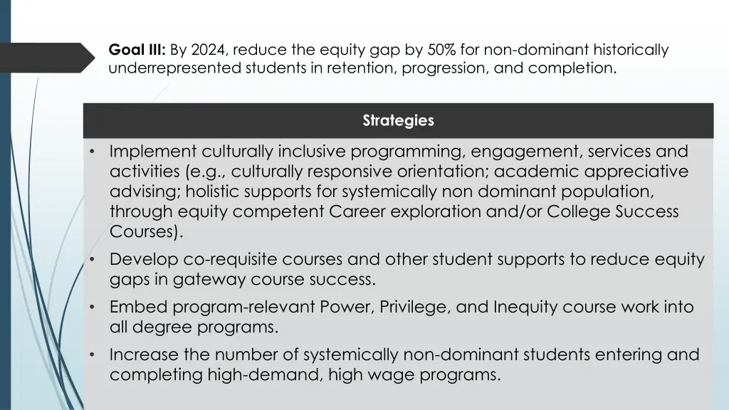 goal iii by 2024 reduce the equity