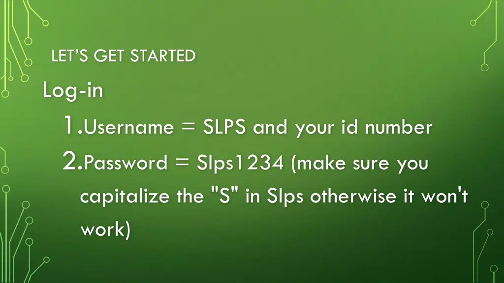 let s get started log in 1 username slps and your