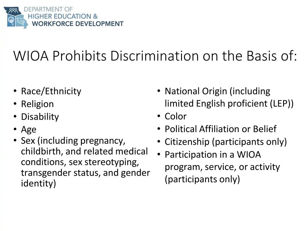 wioa prohibits discrimination on the basis of