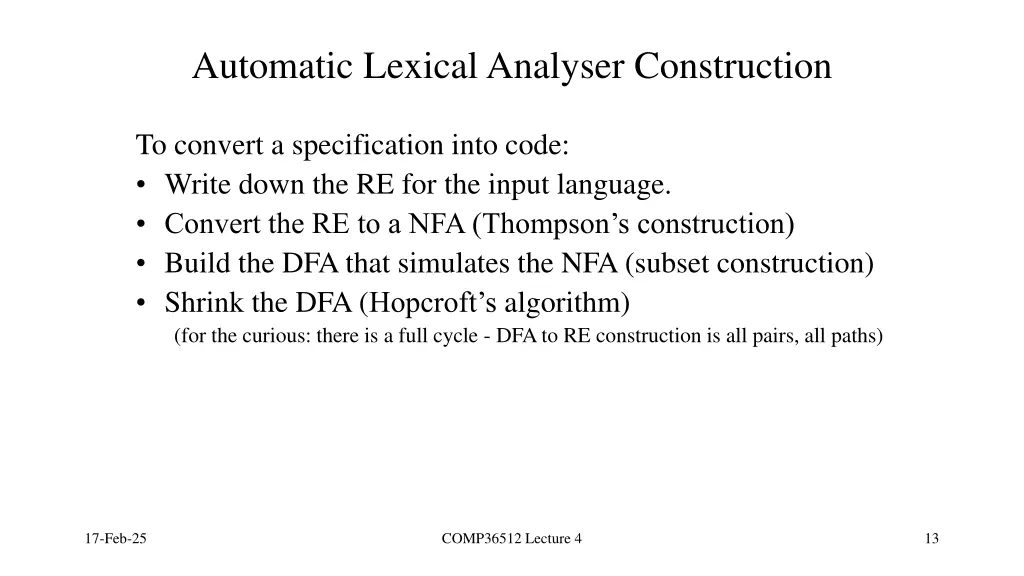 automatic lexical analyser construction