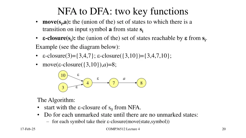nfa to dfa two key functions move s i a the union