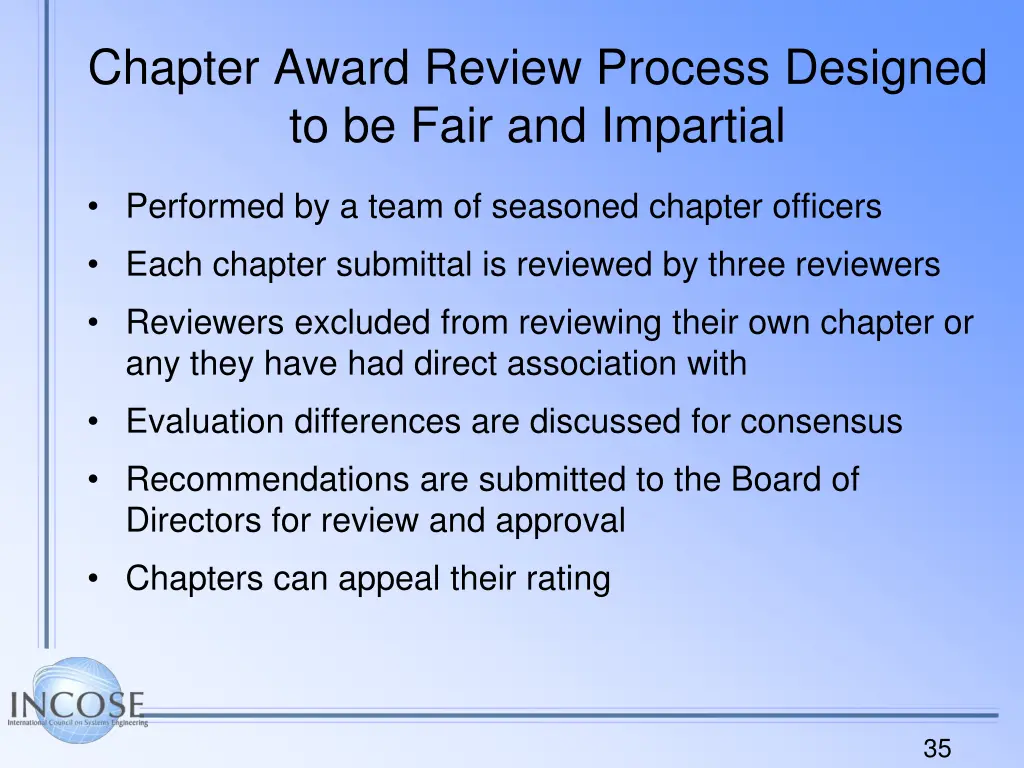 chapter award review process designed to be fair