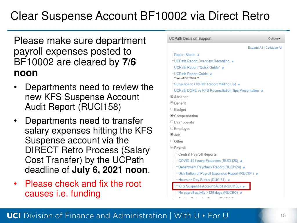 clear suspense account bf10002 via direct retro