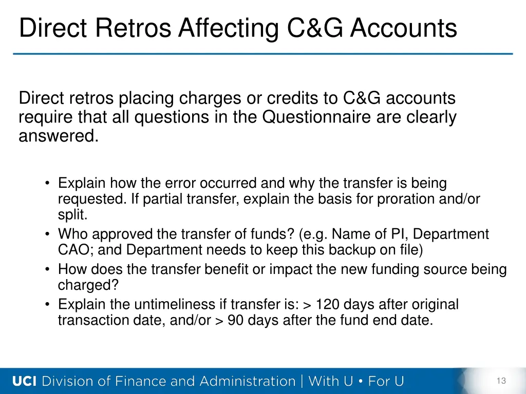 direct retros affecting c g accounts