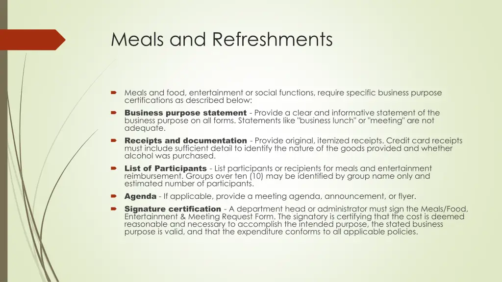 meals and refreshments