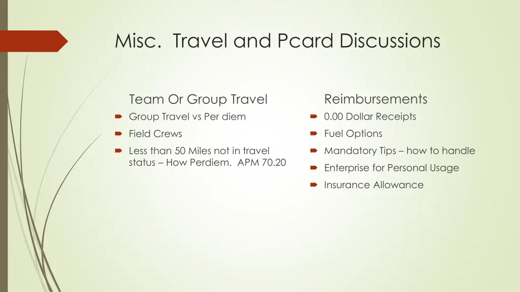 misc travel and pcard discussions