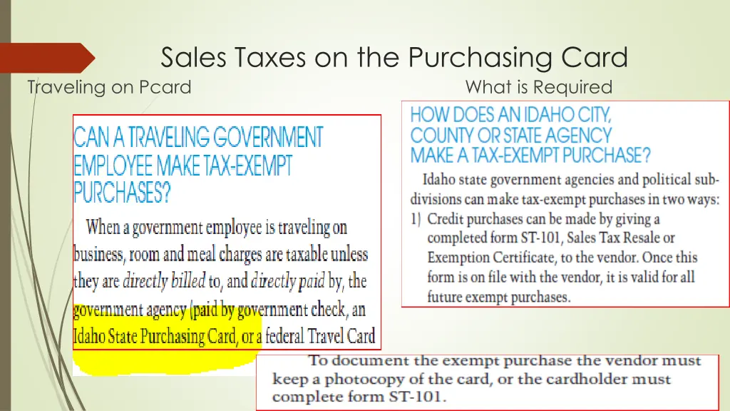 sales taxes on the purchasing card traveling