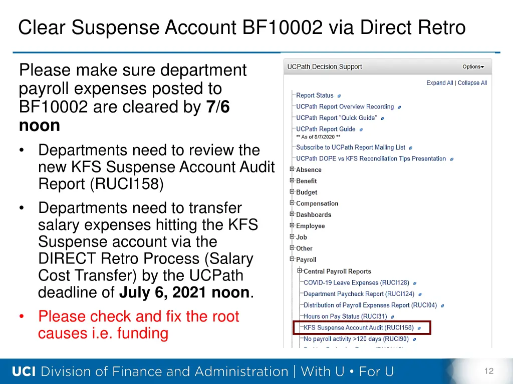 clear suspense account bf10002 via direct retro