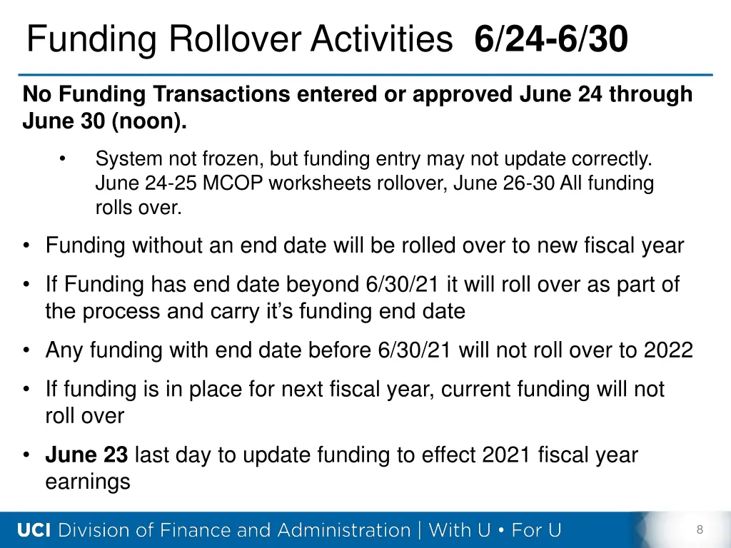 funding rollover activities 6 24 6 30