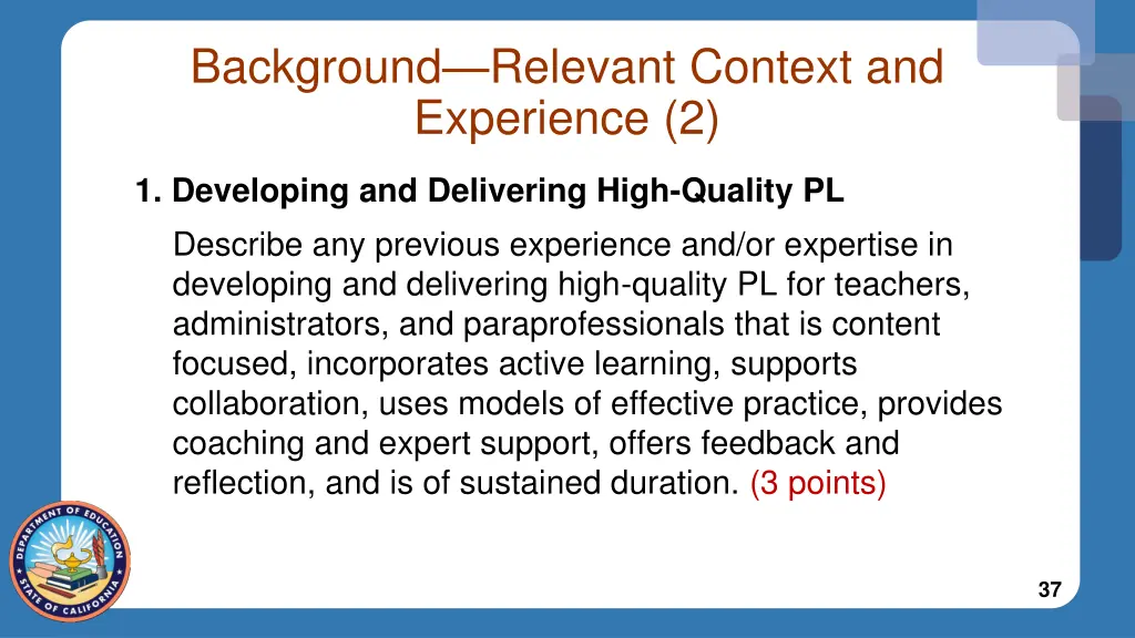 background relevant context and experience 2