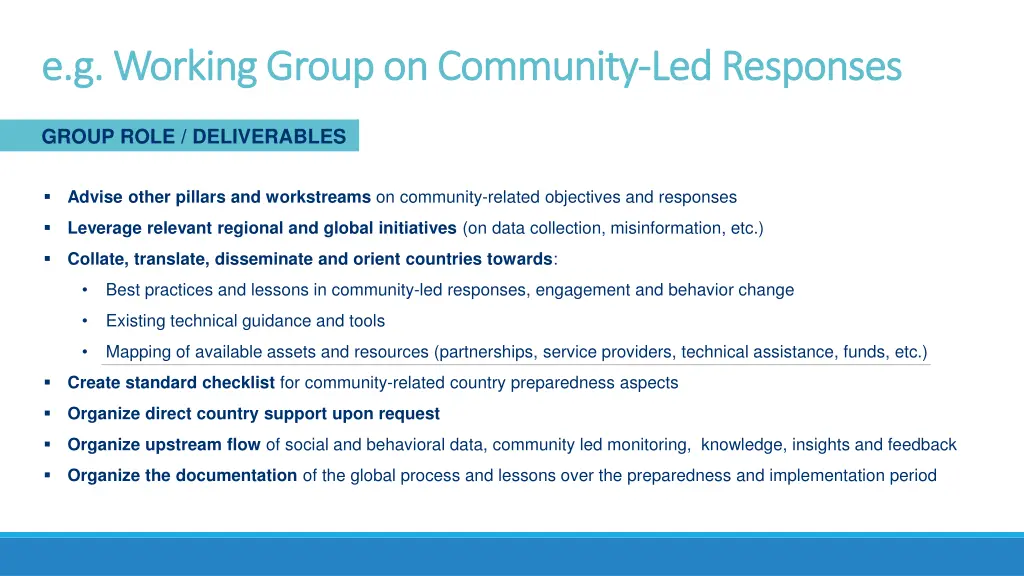 e g working group on community e g working group