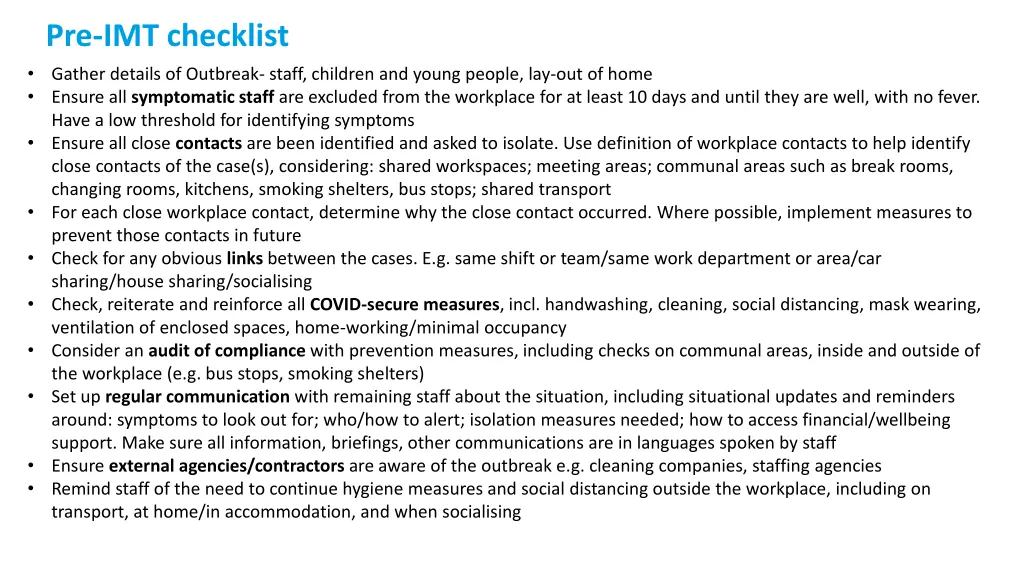 pre imt checklist