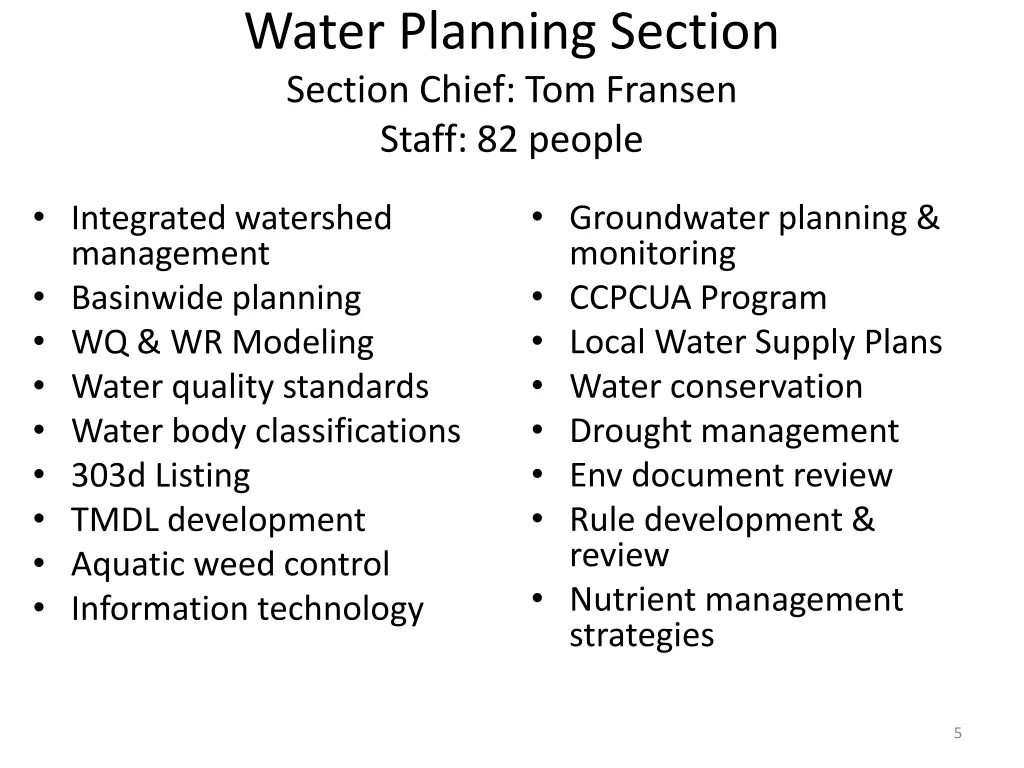 water planning section section chief tom fransen